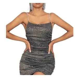 Women’s Metallic Silver Glitter Ruched Mini Dress Size [L] Chain Strap Party Clu